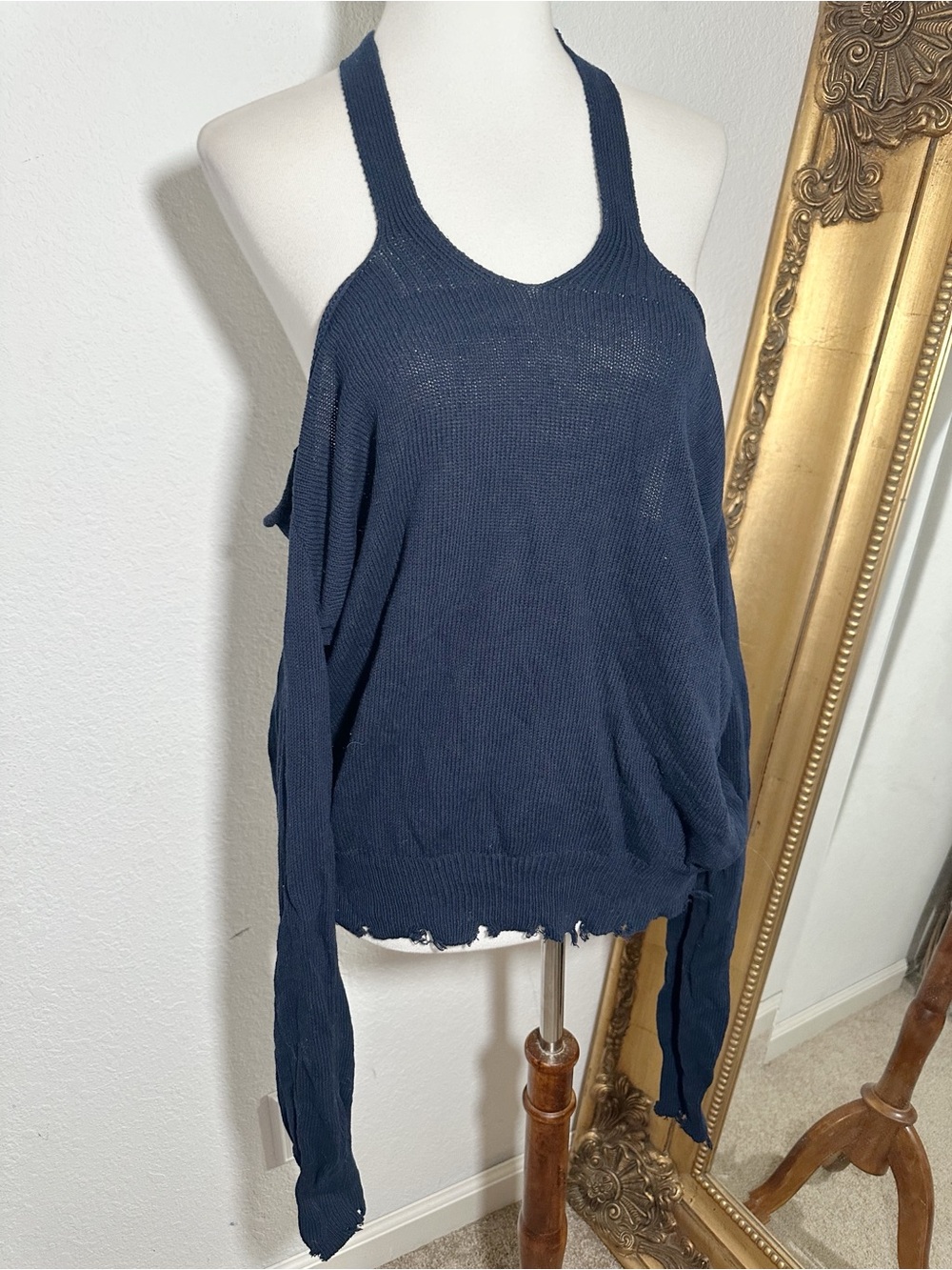 New Jane Lushka Organic Cotton Navy Blue Knit Drop Cold Shoulder Sweater Size S